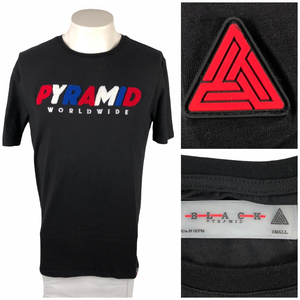 Black Pyramid Mens Small Shirt Black Spell Out 100% Cotton Short Sleeve EUC